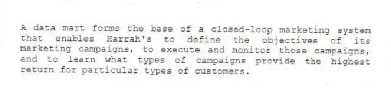 A data mart forms the base of a closed-loop marketing system that enables Harrah's to define the objectives of its marketing campaigns, to execute and monitor those campaigns, and to learn what types of campaigns provide the highest return for particular types of customers.