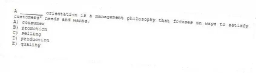 A ________ orientation is a management philosophy that focuses on ways to satisfy customers' needs and wants.
A) consumer
B) promotion
C) selling
D) production
E) quality
