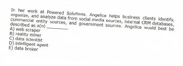 In her work at Powered Solutions, Angelica helps business clients identify, organize, and analyze data from social media sources, internal CRM databases, commercial entity sources, and government sources. Angelica would best be described as a(n) ________.
A) web scraper
B) reality miner
C) data scientist
D) intelligent agent
E) data broker