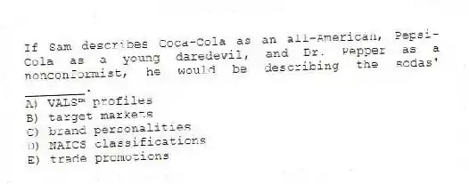 If Sam describes Coca-Cola as an all-American, Pepsi-Cola as a young daredevil, and Dr. Pepper as a nonconformist, he would be describing the sodas' ________.
A) VALS™ profiles
B) target markets
C) brand personalities
D) NAICS classifications
E) trade promotions