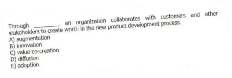 Through ________, an organization collaborates with customers and other stakeholders to create worth in the new product development process.
A) augmentation
B) innovation
C) value co-creation
D) diffusion
E) adoption