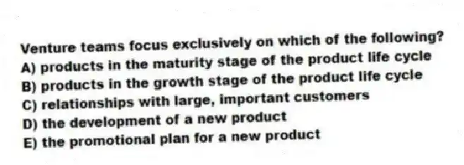 Venture teams focus exclusively on which of the following?
A) products in the maturity stage of the product life cycle
B) products in the growth stage of the product life cycle
C) relationships with large, important customers
D) the development of a new product
E) the promotional plan for a new product