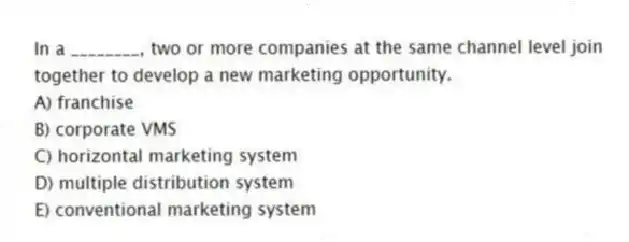 In a ________, two or more companies at the same channel level join together to develop a new marketing opportunity.
A) franchise
B) corporate VMS
C) horizontal marketing system
D) multiple distribution system
E) conventional marketing system