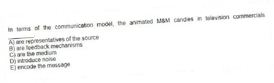 In terms of the communication model, the animated M&M candies in television commercials ________.
A) are representatives of the source
B) are feedback mechanisms
C) are the medium
D) introduce noise
E) encode the message