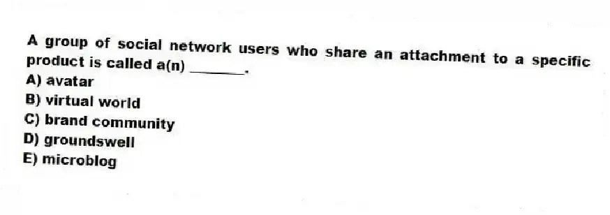 A group of social network users who share an attachment to a specific product is called a(n) ________.
A) avatar
B) virtual world
C) brand community
D) groundswell
E) microblog
