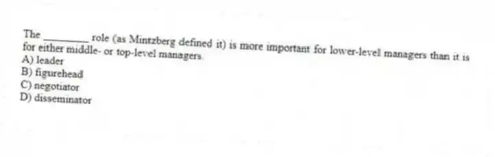 The ________ role (as Mintzberg defined it) is more important for lower-level managers than it is for either middle- or top-level managers.
A) leader
B) figurehead
C) negotiator
D) disseminator
