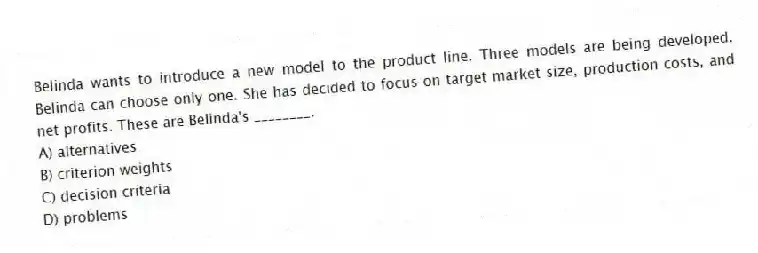 Belinda wants to introduce a new model to the product line. Three models are being developed. Belinda can choose only one. She has decided to focus on target market size, production costs, and net profits. These are Belinda's ________.
A) alternatives
B) criterion weights
C) decision criteria
D) problems