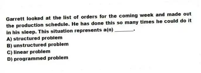 Garrett looked at the list of orders for the coming week and made out the production schedule. He has done this so many times he could do it in his sleep. This situation represents a(n) ________.
A) structured problem
B) unstructured problem
C) linear problem
D) programmed problem