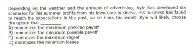 Depending on the weather and the amount of advertising, Kyle has developed six scenarios for his summer profits from his lawn care business. His business has failed to reach his expectations in the past, so he fears the worst. Kyle will likely choose the option that ________.
A) maximizes the maximum possible payoff
B) maximizes the minimum possible payoff
C) minimizes the maximum regret
D) minimizes the minimum losses
