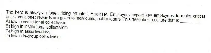 The hero is always a loner, riding off into the sunset. Employers expect key employees to make critical decisions alone; rewards are given to individuals, not to teams. This describes a culture that is ________.
A) low in institutional collectivism
B) high in institutional collectivism
C) high in assertiveness
D) low in in-group collectivism