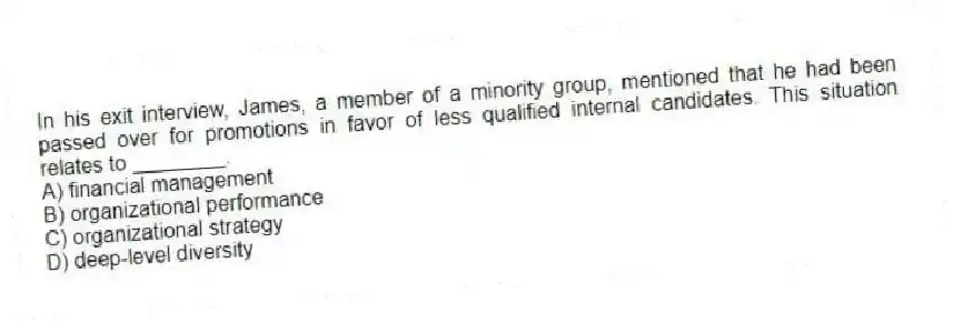 In his exit interview, James, a member of a minority group, mentioned that he had been passed over for promotions in favor of less qualified internal candidates. This situation relates to ________.
A) financial management
B) organizational performance
C) organizational strategy
D) deep-level diversity