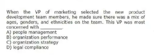 When the VP of marketing selected the new product development team members, he made sure there was a mix of ages, genders, and ethnicities on the team. This VP was most concerned with ________.
A) people management
B) organization performance
C) organization strategy
D) legal compliance