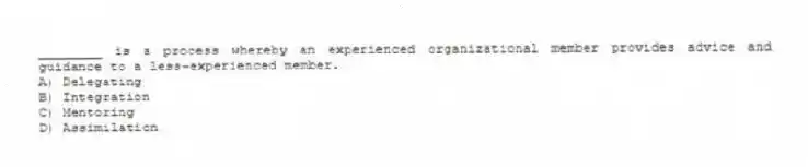 ________ is a process whereby an experienced organizational member provides advice and guidance to a less-experienced member.
A) Delegating
B) Integration
C) Mentoring
D) Assimilation