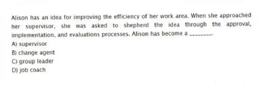 Alison has an idea for improving the efficiency of her work area. When she approached her supervisor, she was asked to shepherd the idea through the approval, implementation, and evaluations processes. Alison has become a ________.
A) supervisor
B) change agent
C) group leader
D) job coach