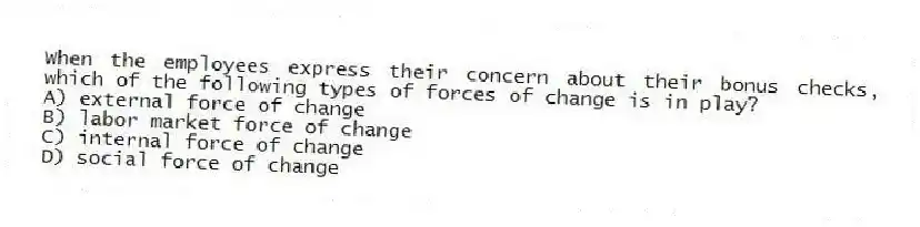 When the employees express their concern about their bonus checks, which of the following types of forces of change is in play?
A) external force of change
B) labor market force of change
C) internal force of change
D) social force of change