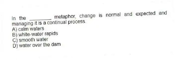 In the ________ metaphor, change is normal and expected and managing it is a continual process.
A) calm waters
B) white-water rapids
C) smooth water
D) water over the dam