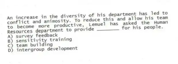 An increase in the diversity of his department has led to conflict and animosity. To reduce this and allow his team to become more productive, Lemuel has asked the Human Resources department to provide ________ for his people.
A) survey feedback
B) sensitivity training
C) team building
D) intergroup development