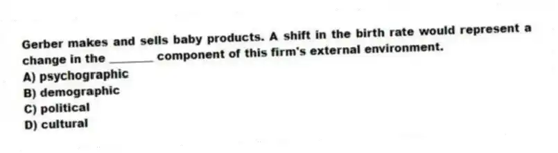 Gerber makes and sells baby products. A shift in the birth rate would represent a change in the ________ component of this firm's external environment.
A) psychographic
B) demographic
C) political
D) cultural