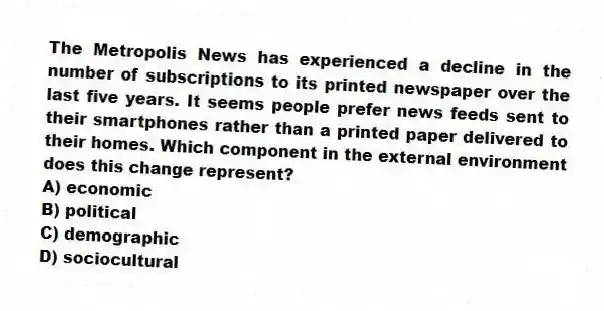 The Metropolis News has experienced a decline in the number of subscriptions to its printed newspaper over the last five years. It seems people prefer news feeds sent to their smartphones rather than a printed paper delivered to their homes. Which component in the external environment does this change represent?
A) economic
B) political
C) demographic
D) sociocultural