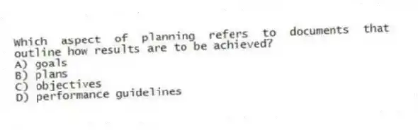 Which aspect of planning refers to documents that outline how results are to be achieved?
A) goals
B) plans
C) objectives
D) performance guidelines