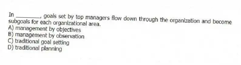 In ________, goals set by top managers flow down through the organization and become subgoals for each organizational area.
A) management by objectives
B) management by observation
C) traditional goal setting
D) traditional planning