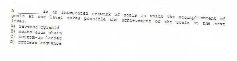 A ________ is an integrated network of goals in which the accomplishment of goals at one level makes possible the achievement of the goals at the next level.
A) reverse pyramid
B) means-ends chain
C) bottom-up ladder
D) process sequence
