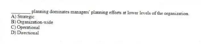 ________ planning dominates managers' planning efforts at lower levels of the organization.
A) Strategic
B) Organization-wide
C) Operational
D) Directional