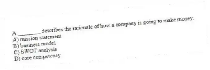 A ________ describes the rationale of how a company is going to make money.
A) mission statement
B) business model
C) SWOT analysis
D) core competency