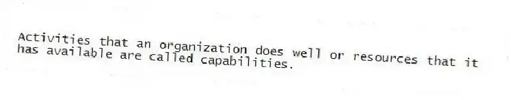 Activities that an organization does well or resources that it has available are called capabilities.