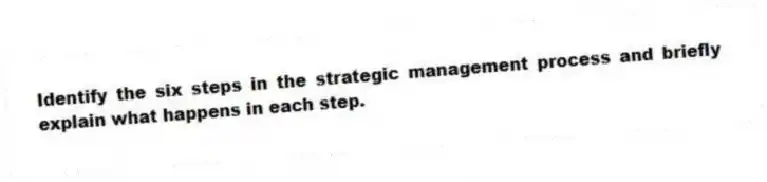Identify the six steps in the strategic management process and briefly explain what happens in each step.