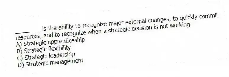 ________ is the ability to recognize major external changes, to quickly commit resources, and to recognize when a strategic decision is not working.
A) Strategic apprenticeship
B) Strategic flexibility
C) Strategic leadership
D) Strategic management