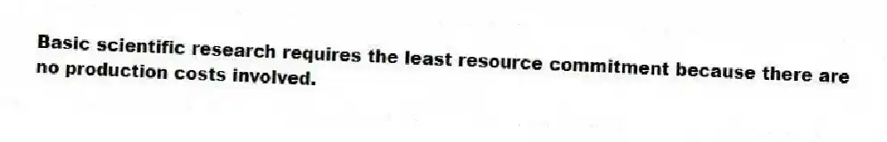 Basic scientific research requires the least resource commitment because there are no production costs involved.