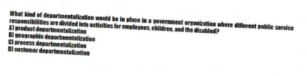 What kind of departmentalization would be in place in a government organization where different public service responsibilities are divided into activities for employees, children, and the disabled?
A) product departmentalization
B) geographic departmentalization
C) process departmentalization
D) customer departmentalization