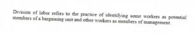 Division of labor refers to the practice of identifying some workers as potential members of a bargaining unit and other workers as members of management.