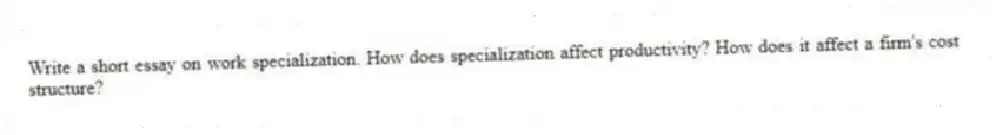 Write a short essay on work specialization. How does specialization affect productivity? How does it affect a firm's cost structure?