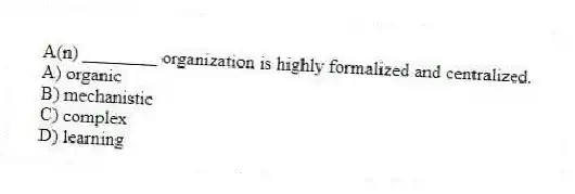 A(n) ________ organization is highly formalized and centralized.
A) organic
B) mechanistic
C) complex
D) learning