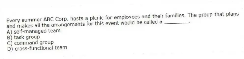 Every summer ABC Corp. hosts a picnic for employees and their families. The group that plans and makes all the arrangements for this event would be called a ________.
A) self-managed team
B) task group
C) command group
D) cross-functional team