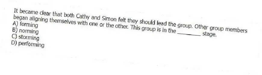 It became clear that both Cathy and Simon felt they should lead the group. Other group members began aligning themselves with one or the other. This group is in the ________ stage.
A) forming
B) norming
C) storming
D) performing