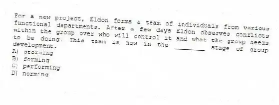 For a new project, Eldon forms a team of individuals from various functional departments. After a few days Eldon observes conflicts within the group over who will control it and what the group needs to be doing. This team is now in the ________ stage of group development.
A) storming
B) forming
C) performing
D) norming