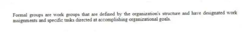 Formal groups are work groups that are defined by the organization's structure and have designated work assignments and specific tasks directed at accomplishing organizational goals.