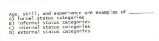 Age, skill, and experience are examples of ________.
A) formal status categories
B) informal status categories
C) internal status categories
D) external status categories