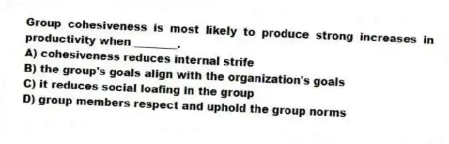 Group cohesiveness is most likely to produce strong increases in productivity when ________.
A) cohesiveness reduces internal strife
B) the group's goals align with the organization's goals
C) it reduces social loafing in the group
D) group members respect and uphold the group norms