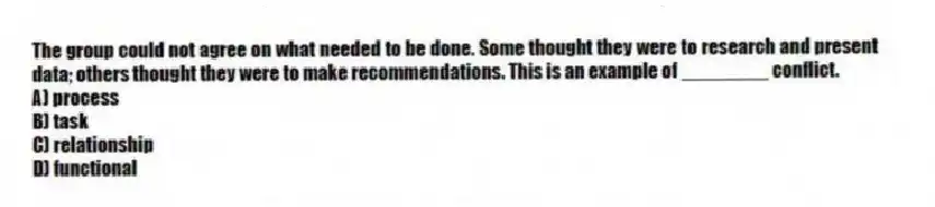 The group could not agree on what needed to be done. Some thought they were to research and present data; others thought they were to make recommendations. This is an example of ________ conflict.
A) process
B) task
C) relationship
D) functional