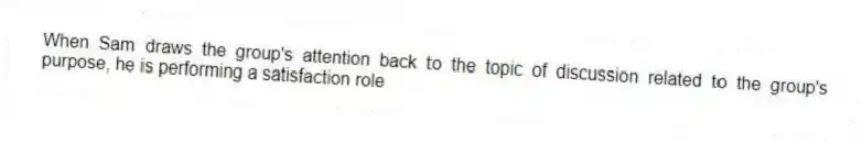 When Sam draws the group's attention back to the topic of discussion related to the group's purpose, he is performing a satisfaction role