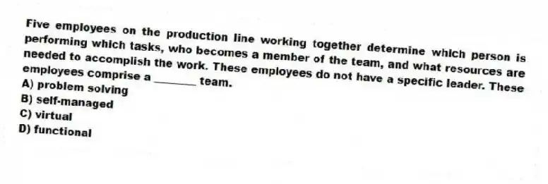 Five employees on the production line working together determine which person is performing which tasks, who becomes a member of the team, and what resources are needed to accomplish the work. These employees do not have a specific leader. These employees comprise a ________ team.
A) problem solving
B) self-managed
C) virtual
D) functional