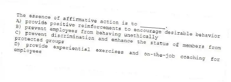 The essence of affirmative action is to ________.
A) provide positive reinforcements to encourage desirable behavior
B) prevent employees from behaving unethically
C) prevent discrimination and enhance the status of members from protected groups
D) provide experiential exercises and on-the-job coaching for employees