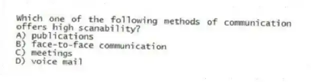 Which one of the following methods of communication offers high scanability?
A) publications
B) face-to-face communication
C) meetings
D) voice mail