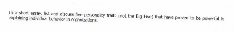 In a short essay, list and discuss five personality traits (not the Big Five) that have proven to be powerful in explaining individual behavior in organizations.