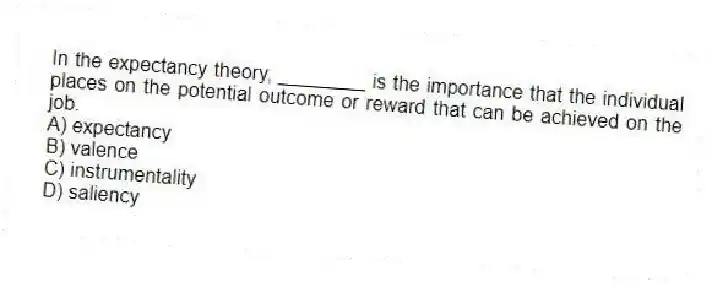 In the expectancy theory, ________ is the importance that the individual places on the potential outcome or reward that can be achieved on the job.
A) expectancy
B) valence
C) instrumentality
D) saliency