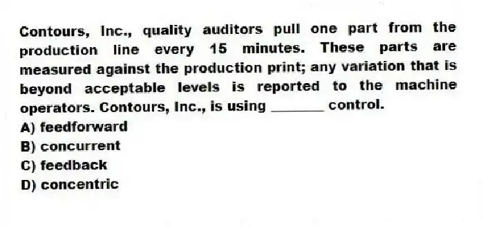 Contours, Inc., quality auditors pull one part from the production line every 15 minutes. These parts are measured against the production print; any variation that is beyond acceptable levels is reported to the machine operators. Contours, Inc., is using ________ control.
A) feedforward
B) concurrent
C) feedback
D) concentric